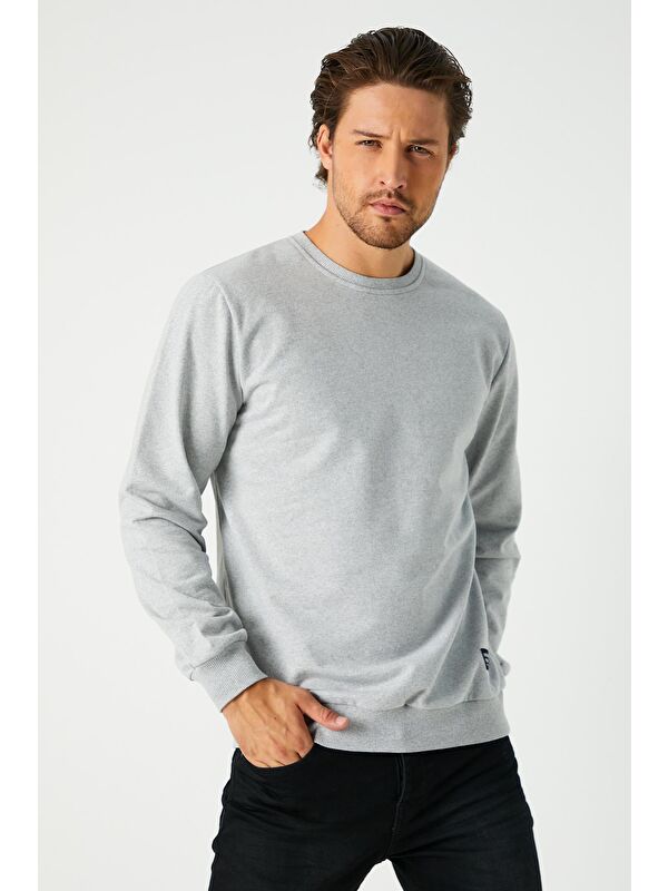 Mmetalic Erkek Gri Basic Bisiklet Yaka Büyük Beden Sweatshirt