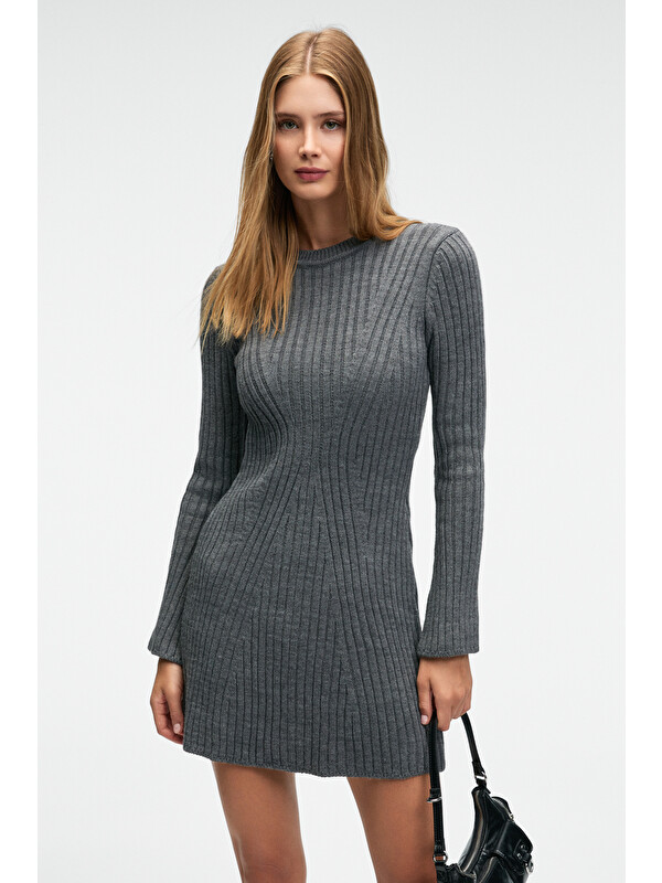 GRIMELANGE ENCANTO Kadın Yuvarlak Yaka Çizgi Desenli Slim Fit ANTRASİT Elbise