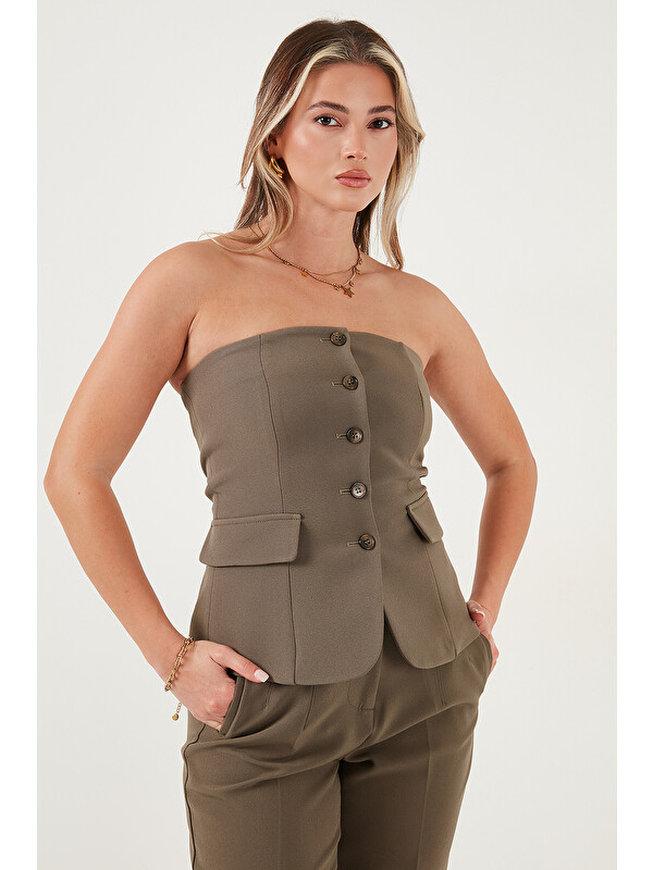 Lela Regular Fit Straplez Yaka Düğmeli Yelek 6839611