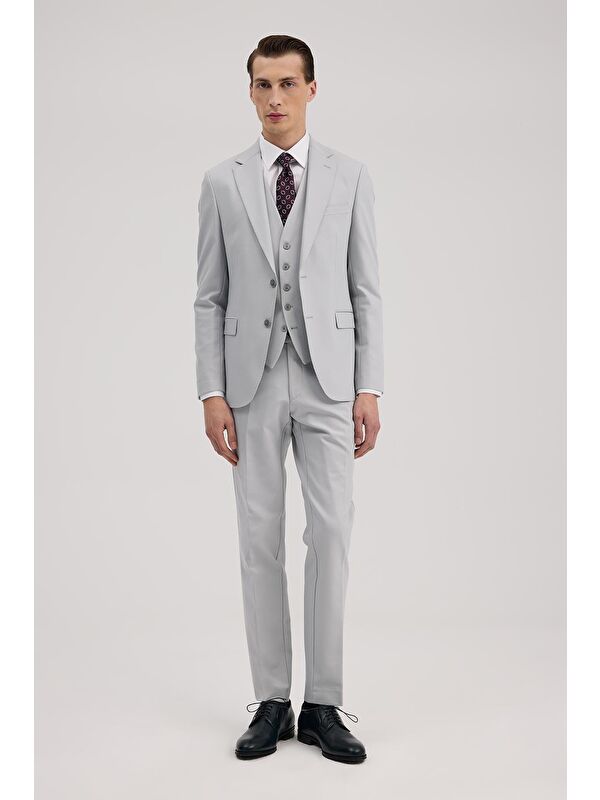 JAKAMEN Gri Slim Fit Mono Yaka Çift Yırtmaçlı Yelekli Takım Elbise
