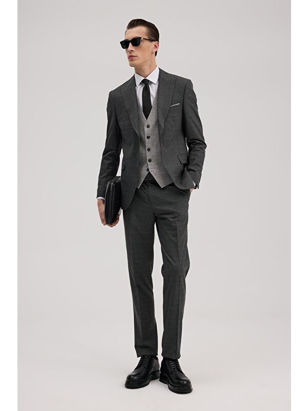 JAKAMEN Antrasit Slim Fit Kırlangıç Yaka Yelekli Kombinli Takım Elbise