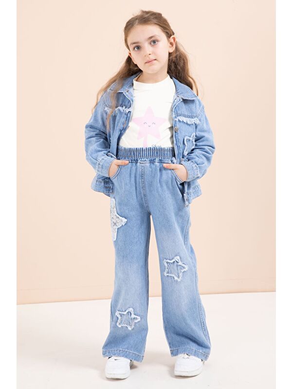 Cansın Mini Mavi Yıldız Nakışlı Ceketli Kız Çocuk 3lü Jean Takım 23442