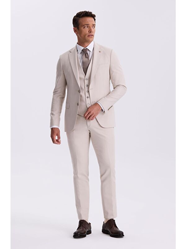 JAKAMEN Bej Slim Fit Mono Yaka Çift Yırtmaçlı Yelekli Takım Elbise