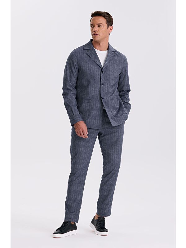 JAKAMEN Lacivert Slim Fit Apaş Yaka Keten Karışımlı Çift Yırtmaçlı Çizgili Takım Elbise