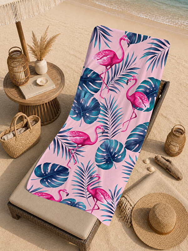 Milbay Grup Tropikal Pembe Flamingo Pastel Yapraklı Desenli 70x150 Plaj Havlusu - Pamuklu Banyo Havlusu