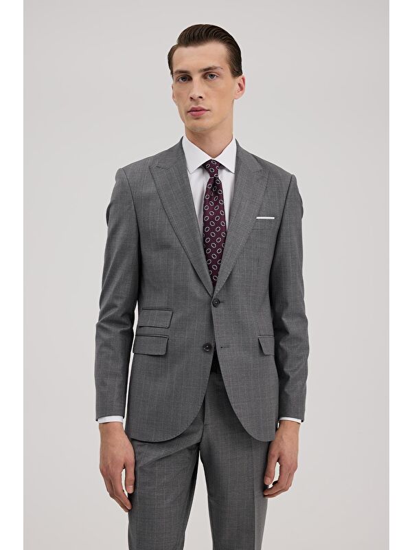 JAKAMEN Gri Yünlü Slim Fit Sivri Yaka Takım Elbise