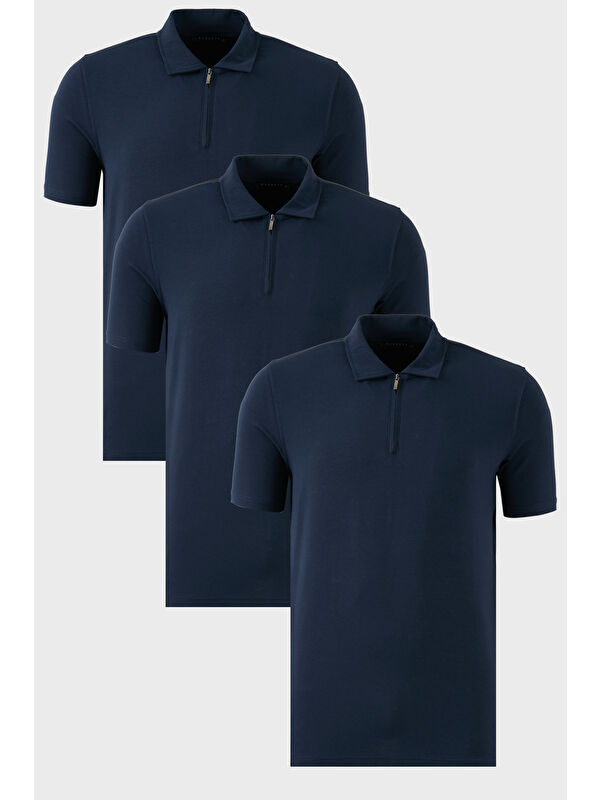 Buratti Streç Pamuklu Regular Fit Yarım Fermuarlı 3'lü Paket Polo Yaka Tişört 5902972S3