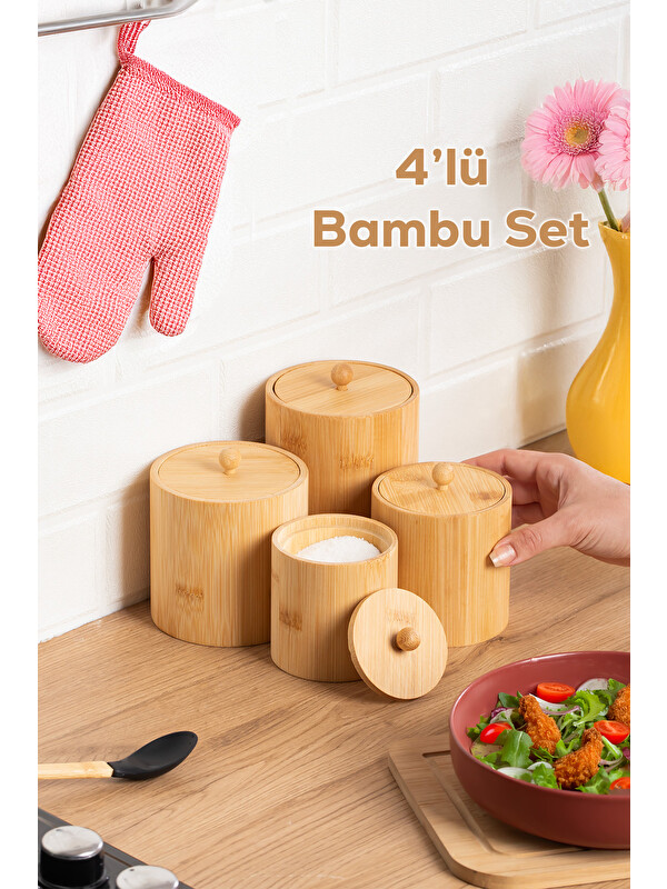 Porsima 4361 Bambu Çok Amaçlı Saklama Kabı Organizer 4Lü Baharat Seti