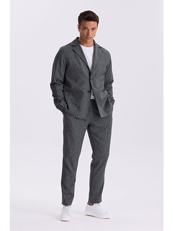 JAKAMEN Antrasit Slim Fit Apaş Yaka Keten Karışımlı Çift Yırtmaçlı Çizgili Takım Elbise