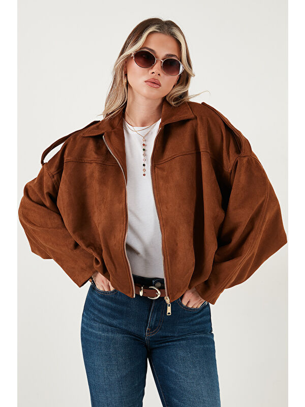 Lela Oversize Klasik Yaka Fermuarlı Süet Dokulu Bomber Ceket 6839635