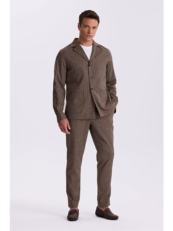 JAKAMEN Kahve Slim Fit Apaş Yaka Keten Karışımlı Çift Yırtmaçlı Çizgili Takım Elbise