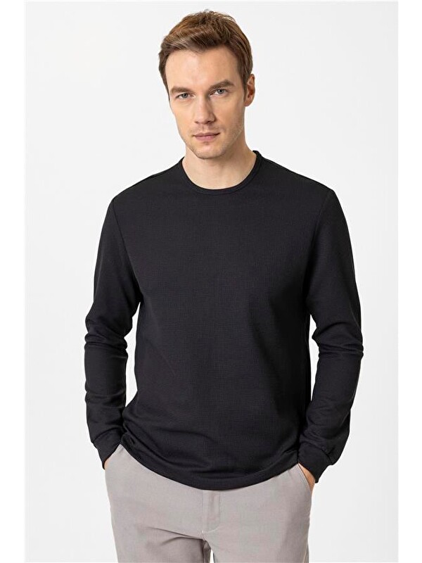 Süvari Siyah Slim Armürlü Bisiklet Yaka Sweatshirt