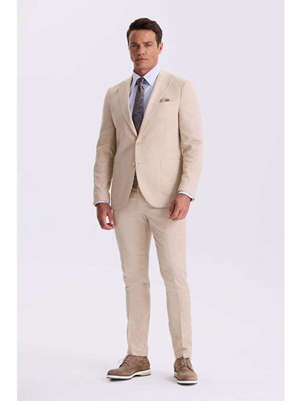 JAKAMEN Bej Slim Fit Mono Yaka Kumaş Çift Yırtmaç Torba Cepli Takım Elbise