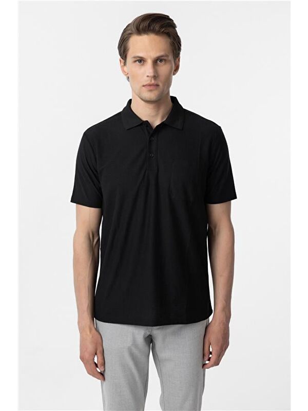 Süvari Siyah Regular Armürlü Polo Yaka Tişört