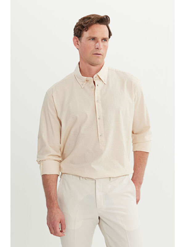 AC&Co / Altınyıldız Classics Erkek Ekru Oversize Bol Kesim Düğmeli Yaka %100 Pamuk Gömlek