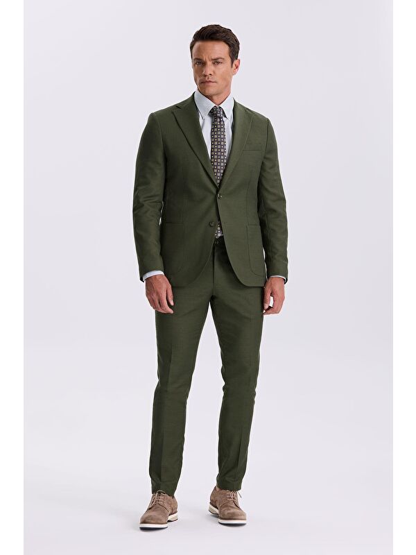 JAKAMEN Haki Slim Fit Mono Yaka Kumaş Çift Yırtmaç Torba Cepli Takım Elbise