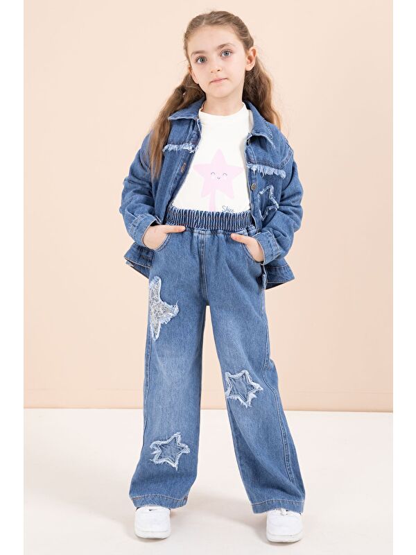 Cansın Mini Lacivert Yıldız Nakışlı Ceketli Kız Çocuk 3lü Jean Takım 23443