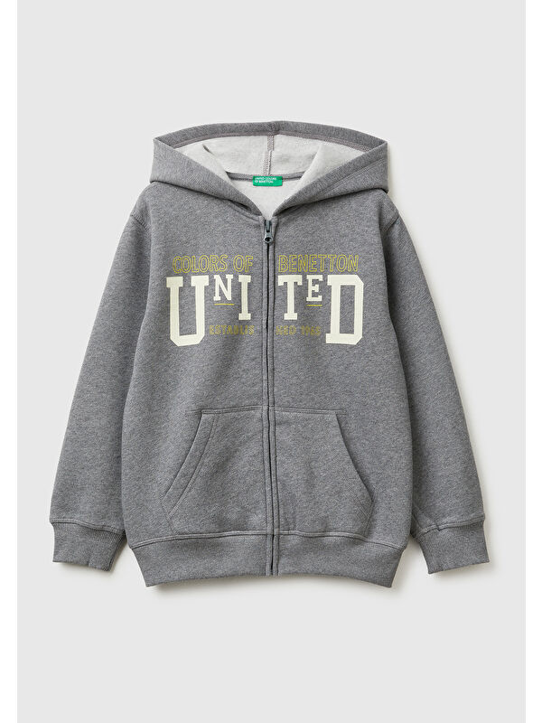 United Colors Of Benetton Erkek Çocuk Antrasit Melanj Önü Logo Baskılı Cepli Fermuarlı Sweatshirt