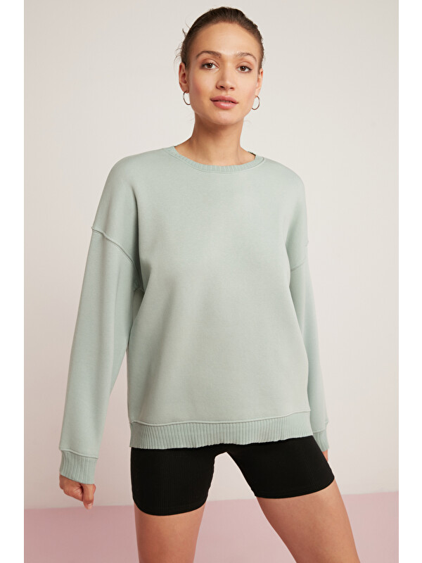 ETHIQUET BRENDA Kadın İçi Polarlı Yumuşacık Yuvarlak Yaka Kaşkorse Detaylı Oversize Fit MİNT YEŞİL Sweatshirt