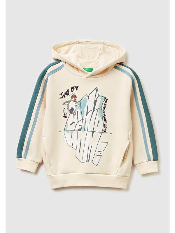 United Colors Of Benetton Erkek Çocuk Krem Önü Baskılı Kolları Şeritli Kapüşonlu Sweatshirt
