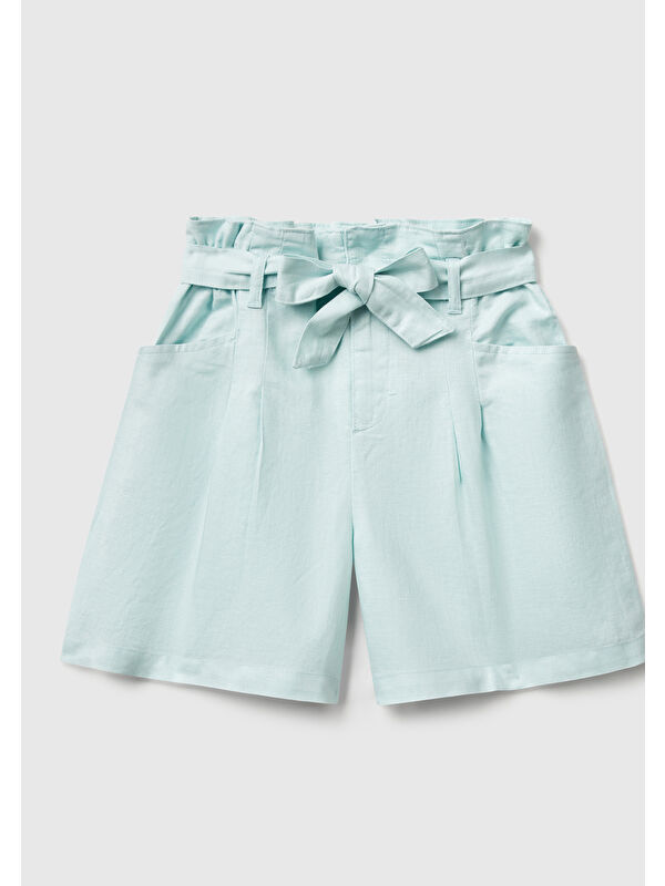 United Colors Of Benetton Kız Çocuk Su Yeşili Keten Karışımlı Beli Kuşaklı Wide Fit Bermuda Şort