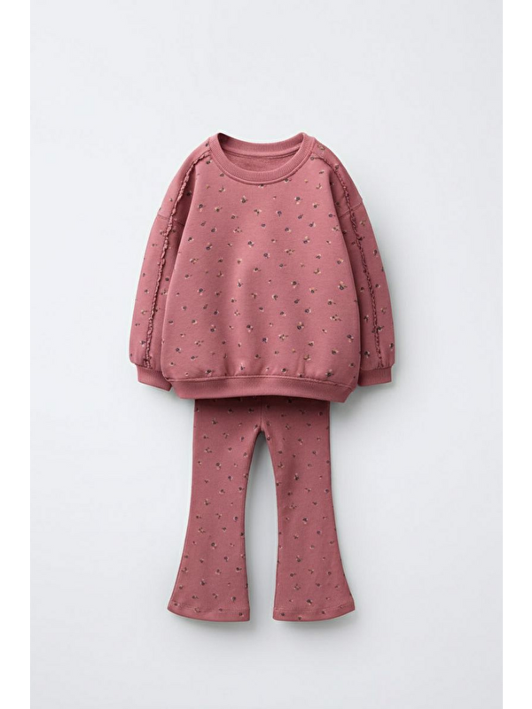 Magu Kız Çocuk Pamuklu Gül Kurusu Mini Çiçek Desenli Sweatshirt & Flare Eşofman Takım