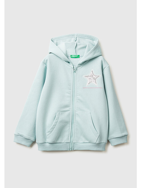 United Colors Of Benetton Kız Çocuk Su Yeşili Renk Bloklu Payet Nakışlı Fermuarlı Kapüşonlu Sweatshirt
