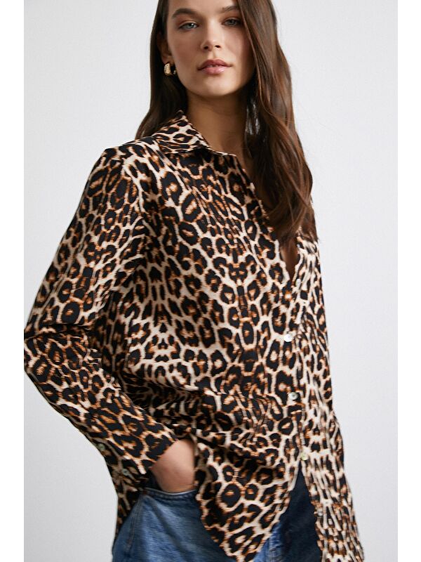 Never More Leopar Desenli Poplin Gömlek Bej