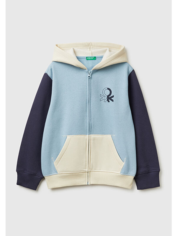 United Colors Of Benetton Erkek Çocuk Mavi-Krem Önü Logo Baskılı Cepli Fermuarlı Sweatshirt