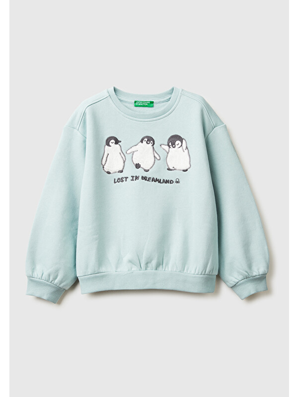 United Colors Of Benetton Kız Çocuk Su Yeşili Kürk Aplikeli Ribanalı Bisiklet Yaka Sweatshirt
