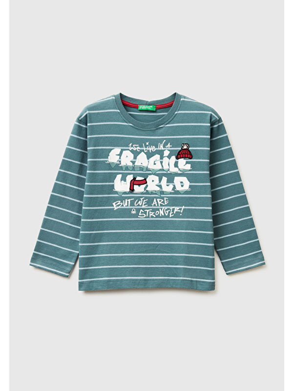 United Colors Of Benetton Erkek Çocuk Gri Çizgili Önü Baskılı Jarse Uzun Kollu T-shirt
