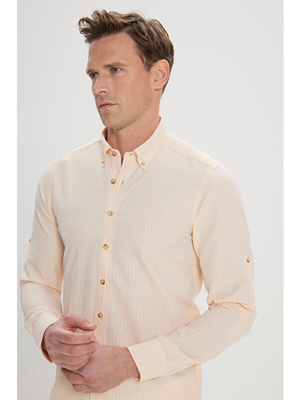 AC&Co / Altınyıldız Classics Erkek Yavruağzı Slim Fit Dar Kesim Gofre Desenli Düğmeli Yaka Hafif Kumaş Gömlek