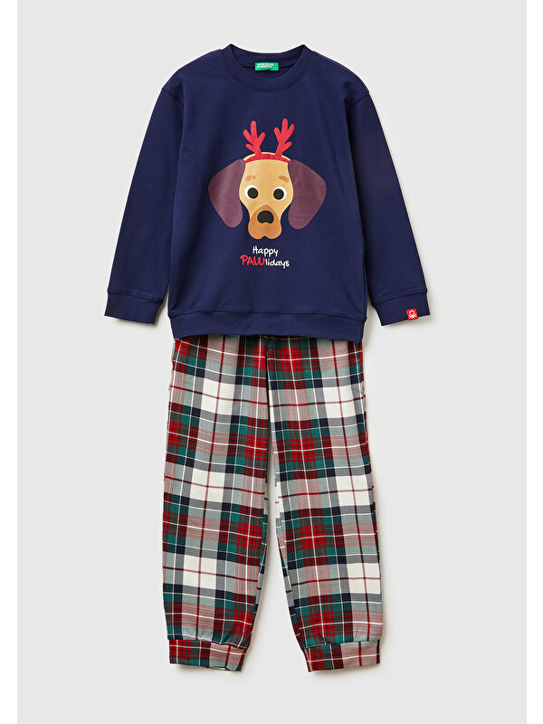 United Colors Of Benetton Erkek Çocuk Lacivert Üstü Baskılı Altı Kare Desenli Pijama Takımı