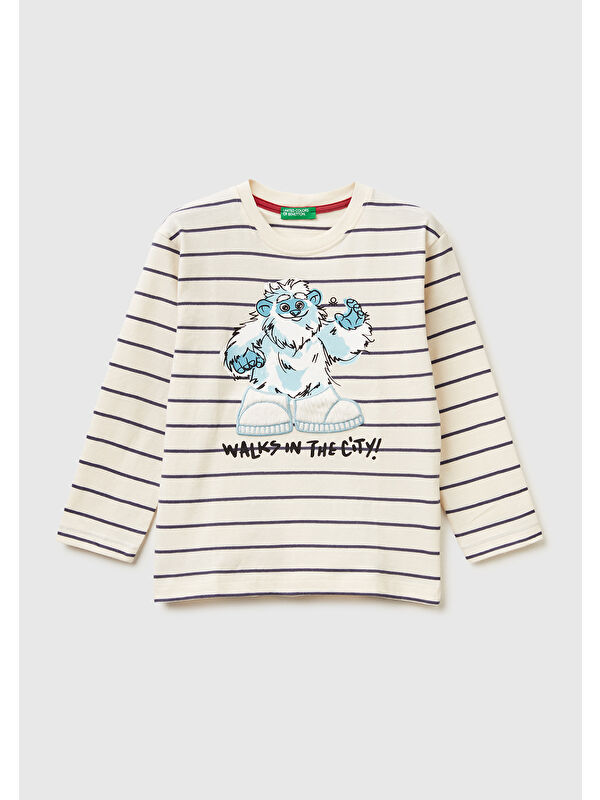 United Colors Of Benetton Erkek Çocuk Bej Çizgili Önü Baskılı Jarse Uzun Kollu T-shirt