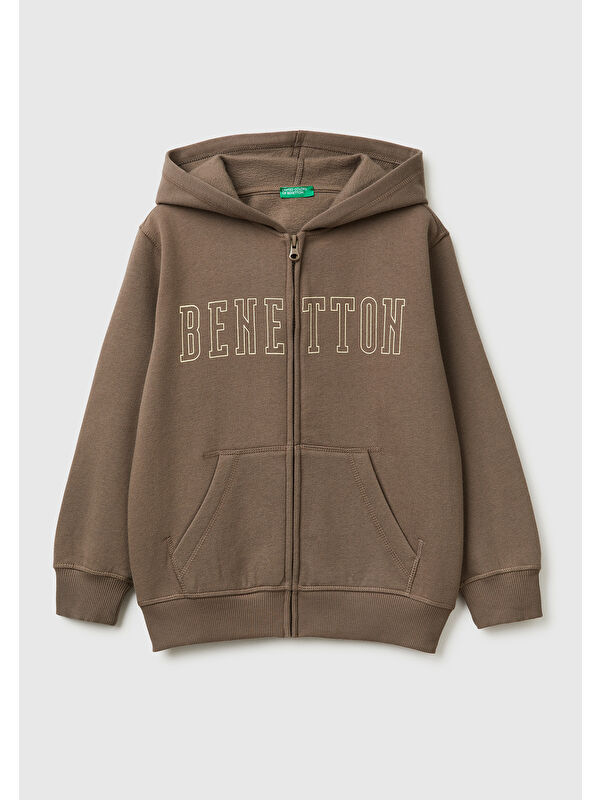 United Colors Of Benetton Erkek Çocuk Haki Kahve Önü Logo Baskılı Cepli Fermuarlı Sweatshirt