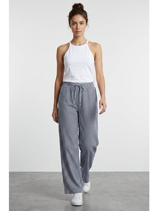 Fullamoda Çizgili Beli Lastikli Wide Leg Pantolon