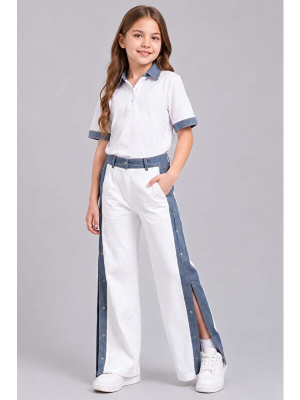 Riccotarz Kız Çocuk Polo Yaka Kol Uçları Jean Detaylı T-shirt Boydan Cıtcıt Yırtmaç Detaylı Beyaz Alt Üst Takı