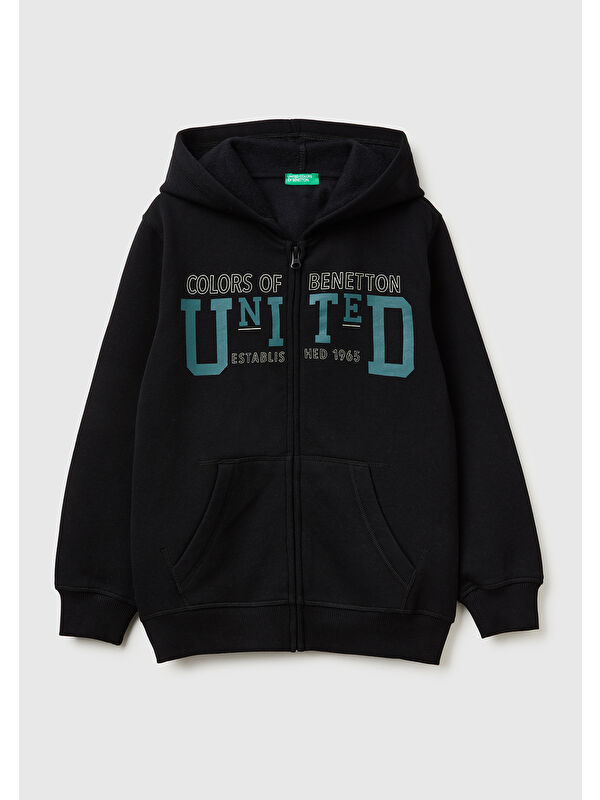 United Colors Of Benetton Erkek Çocuk Siyah Önü Logo Baskılı Cepli Fermuarlı Sweatshirt