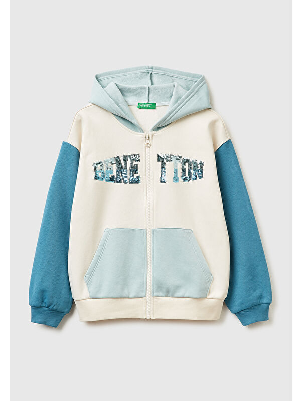 United Colors Of Benetton Kız Çocuk Ekru-Mavi Önü Payetli Logolu Cepli Kapüşonlu Sweatshirt