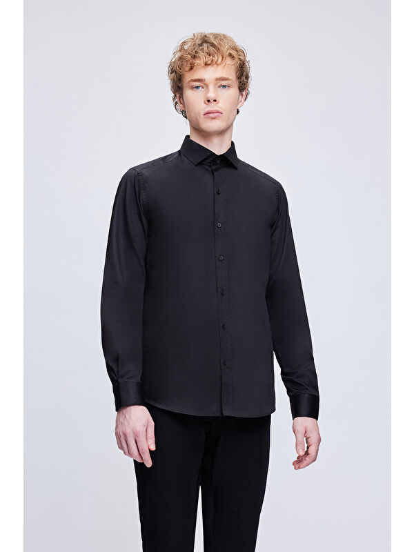 Hatemoğlu Siyah Slim Fit 100% Pamuk Açık İtalyan Yaka Uzun Kollu Saten Gömlek