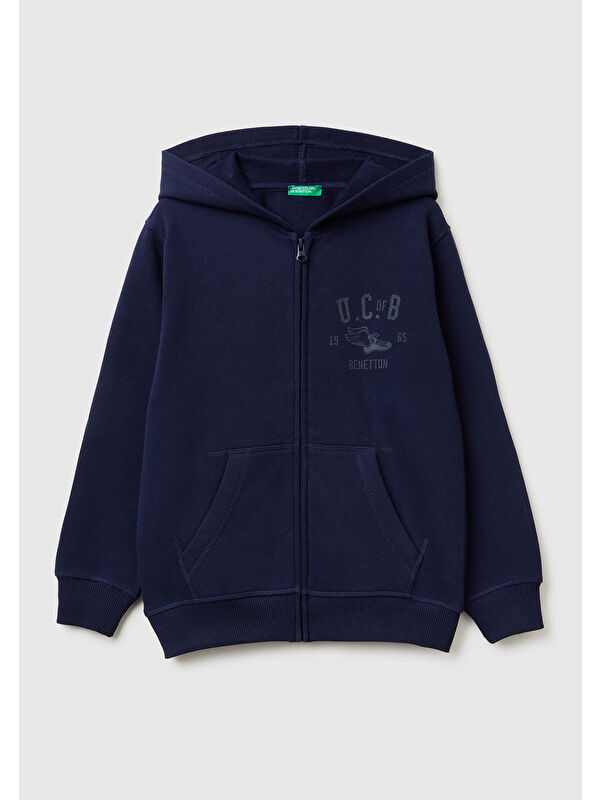 United Colors Of Benetton Erkek Çocuk Lacivert Önü Logo Baskılı Cepli Fermuarlı Sweatshirt