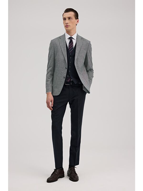 JAKAMEN Lacivert Slim Fit Mono Yaka Yelekli Keten Karışımllı Takım Elbise
