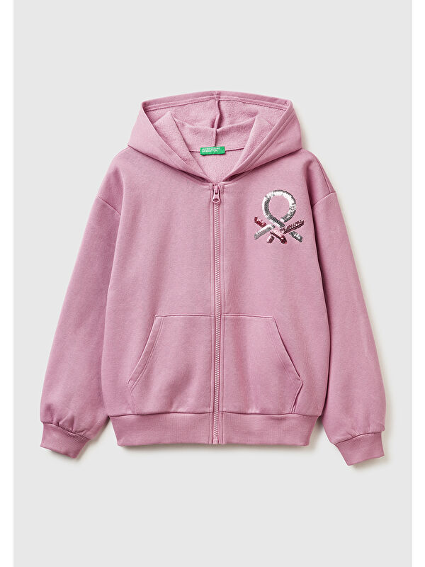 United Colors Of Benetton Kız Çocuk Gül Kurusu Önü Payetli Logolu Cepli Kapüşonlu Sweatshirt