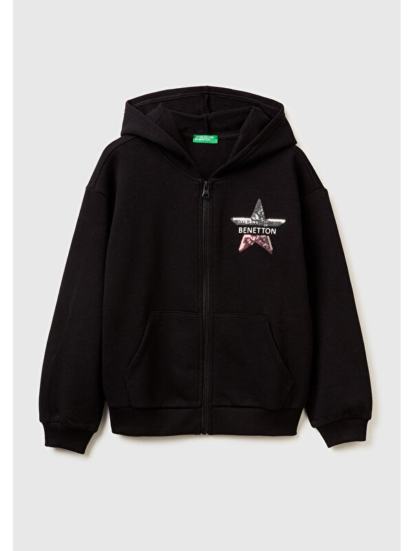 United Colors Of Benetton Kız Çocuk Siyah Önü Payetli Logolu Cepli Kapüşonlu Sweatshirt