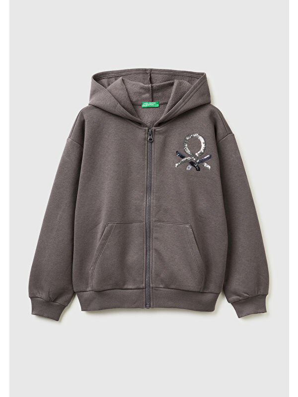 United Colors Of Benetton Kız Çocuk Koyu Kahverengi Önü Payetli Logolu Cepli Kapüşonlu Sweatshirt
