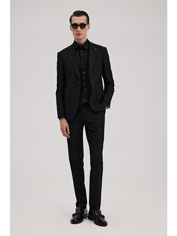 JAKAMEN Siyah Slim Fit Kırlangıç Yaka Yelekli Takım Elbise