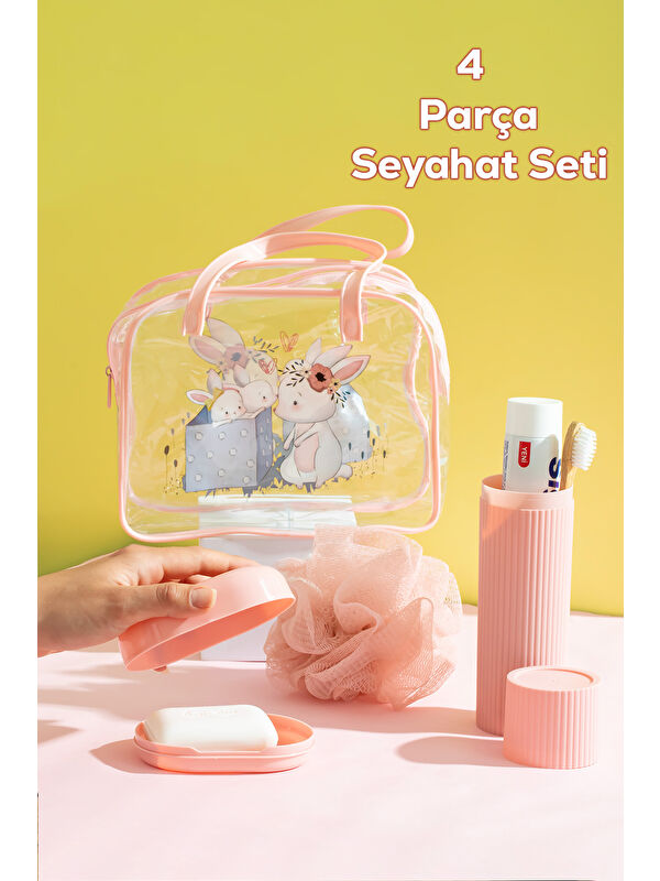 Porsima 3143 Tavşan Figürlü Seyahat Seti - Diş Fırçası Kutusu Banyo Lifi Sabun Kutusu Pembe