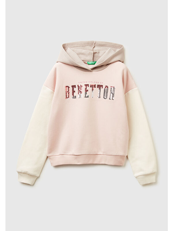 United Colors Of Benetton Kız Çocuk Krem-Pembe Payet İşlemeli Nervürlü Regular Fit Kapüşonlu Sweatshirt