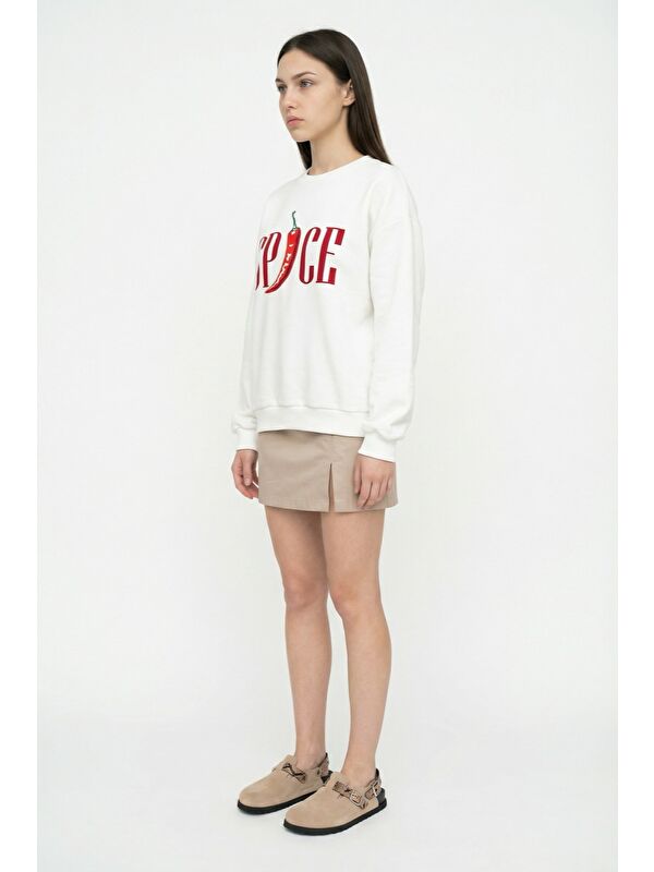 QUZU Spice Baskılı Oversize Sweatshirt Ekru