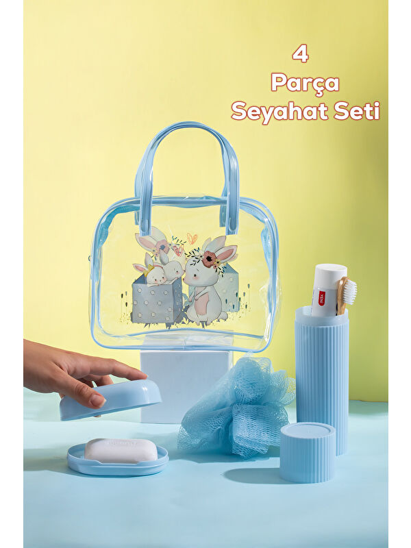 Porsima 3144 Tavşan Figürlü Seyahat Seti - Diş Fırçası Kutusu Banyo Lifi Sabun Kutusu Mavi